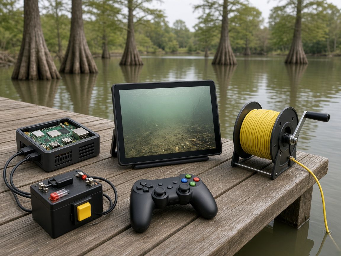 Dockside station: Pi 4B, 10-inch screen, tether reel and battery.